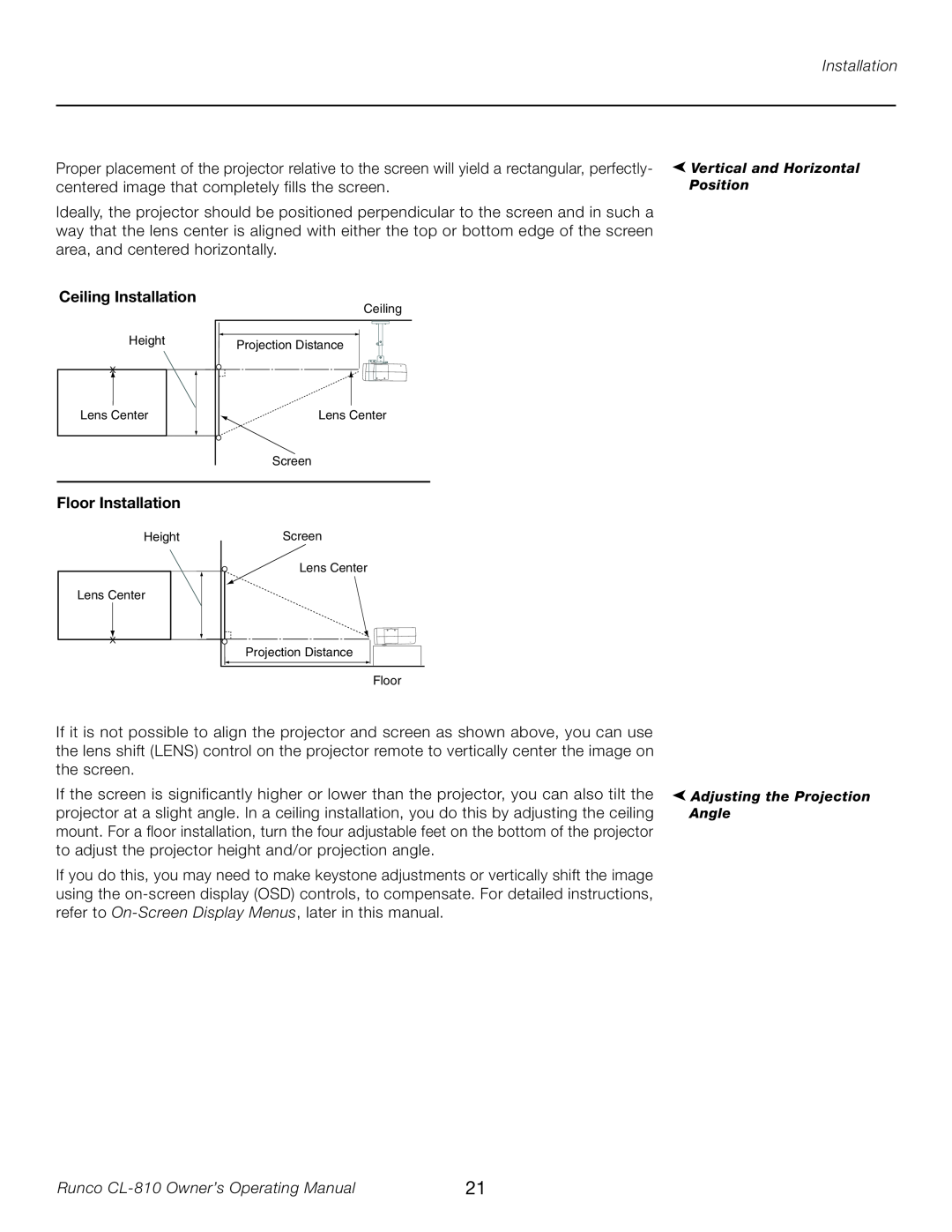 Runco manual Ceiling Installation, Floor Installation, Runco CL-810 Owner’s Operating Manual 