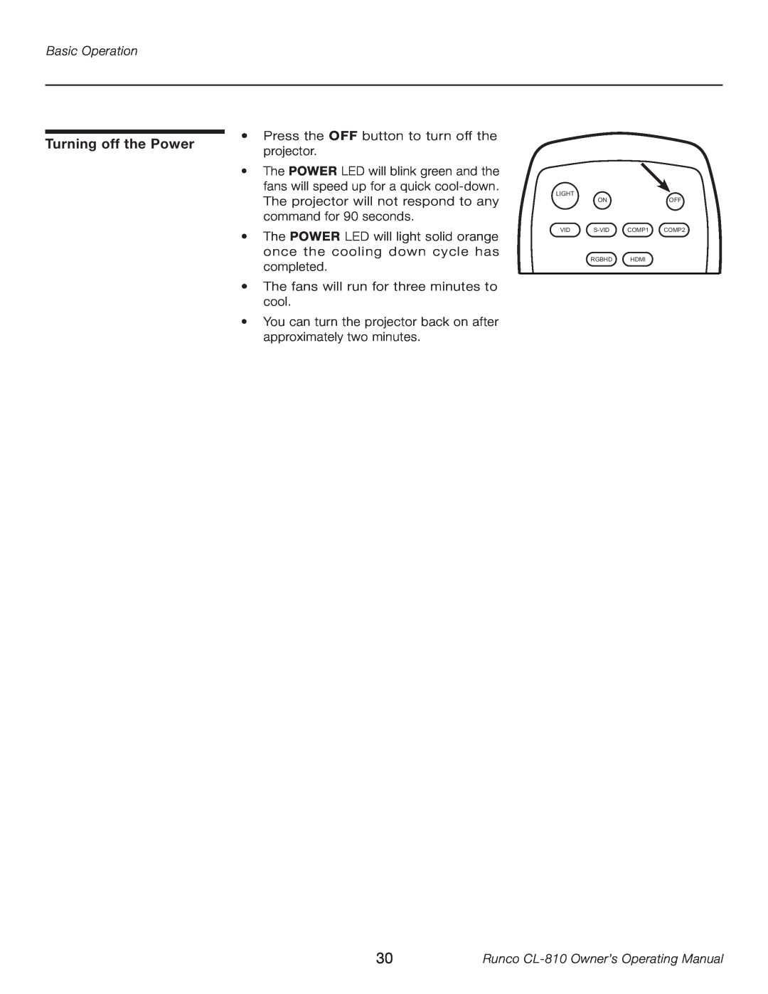 Runco manual Turning off the Power, Basic Operation, Runco CL-810 Owner’s Operating Manual 