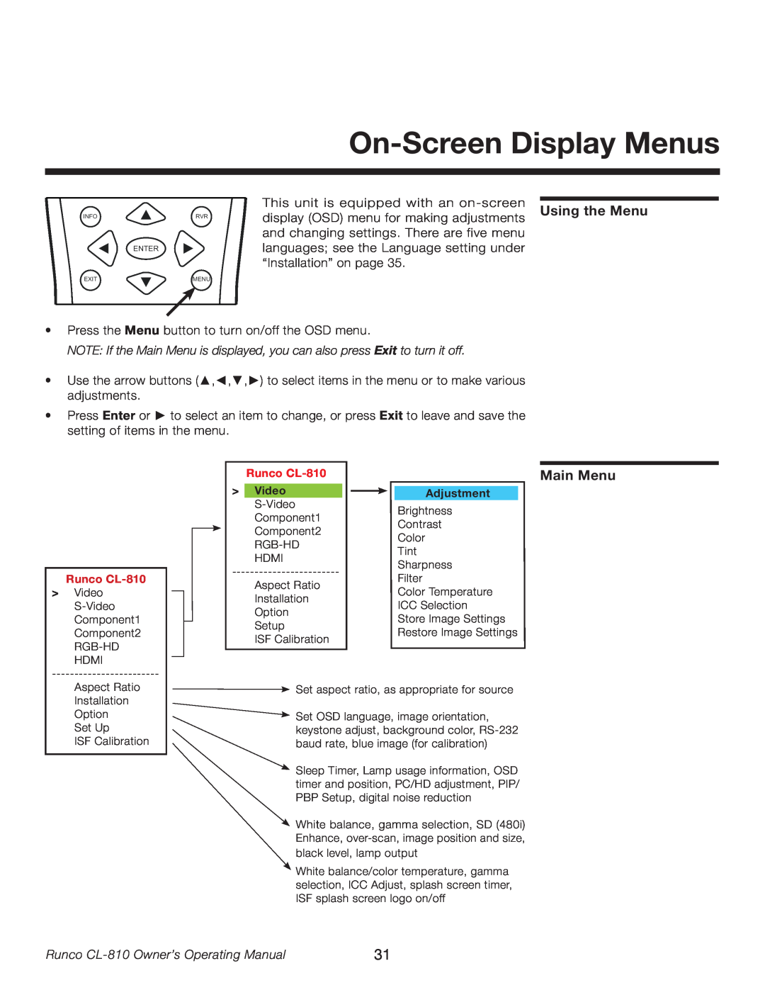 Runco manual On-Screen Display Menus, Using the Menu, Main Menu, Runco CL-810 Owner’s Operating Manual, Adjustment 