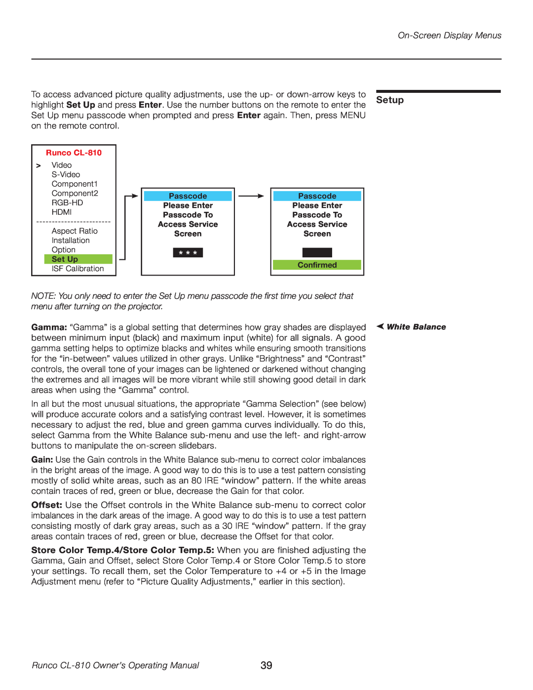 Runco manual Setup, On-Screen Display Menus, Runco CL-810 Owner’s Operating Manual, White Balance 