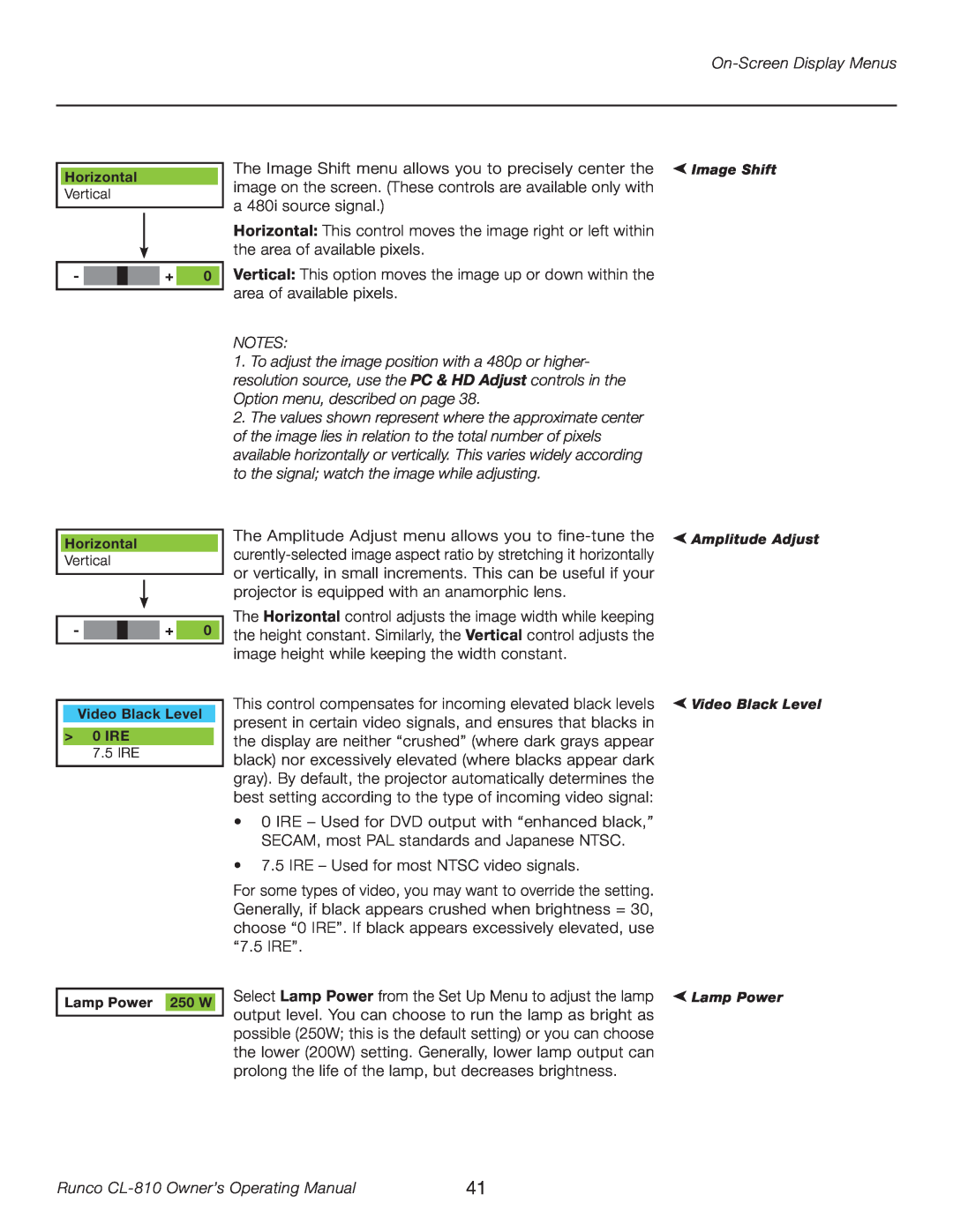 Runco manual On-Screen Display Menus, IRE - Used for most NTSC video signals, Runco CL-810 Owner’s Operating Manual 
