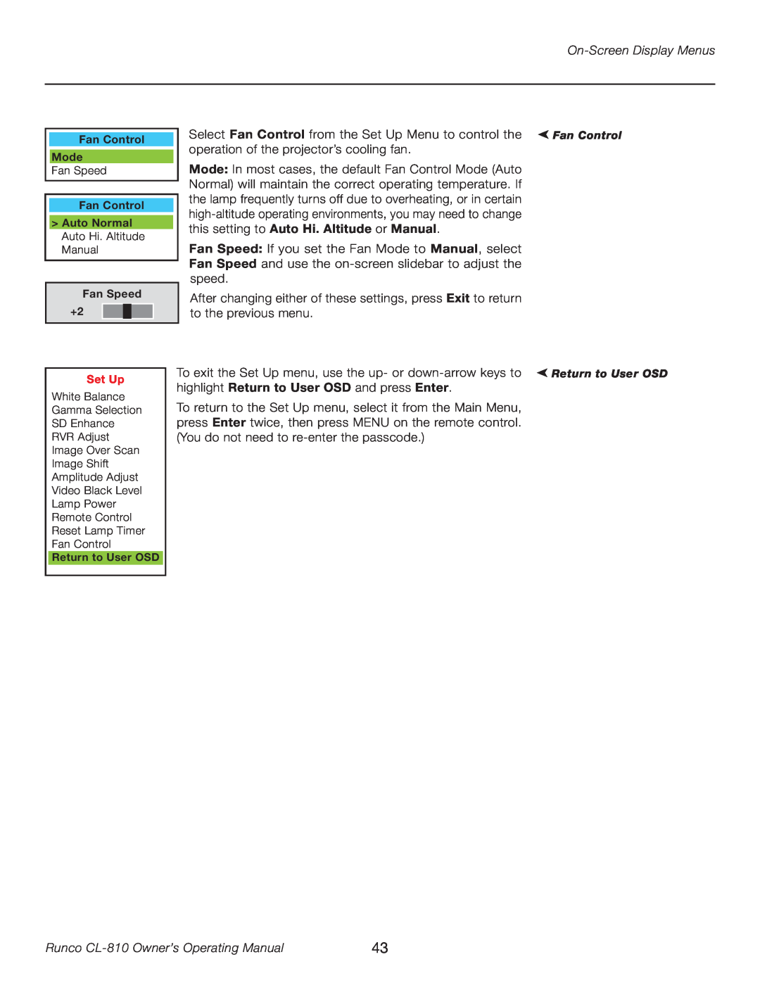 Runco manual On-Screen Display Menus, Runco CL-810 Owner’s Operating Manual, Fan Control Mode, Return to User OSD 