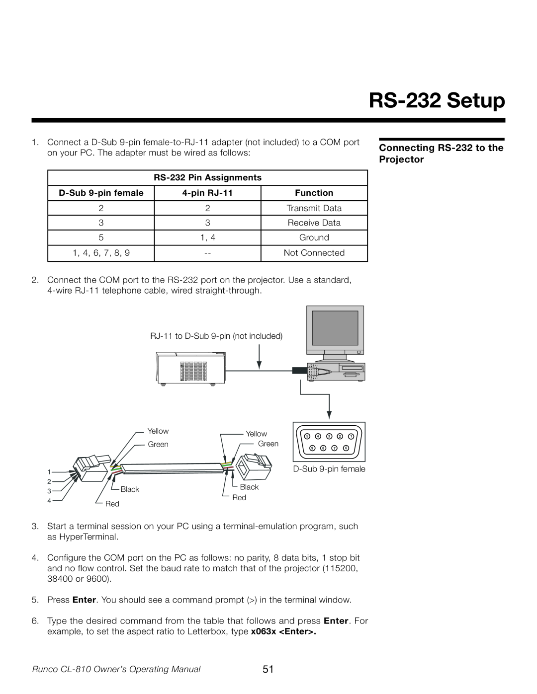 Runco CL-810 manual RS-232 Setup, Connecting RS-232 to the Projector, RS-232 Pin Assignments, D-Sub 9-pin female, pin RJ-11 