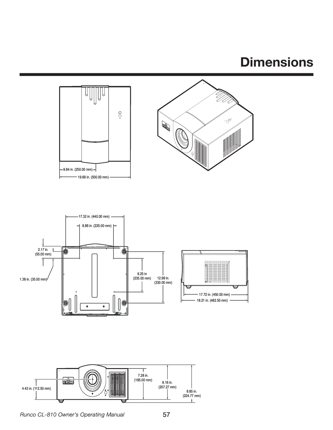 Runco Dimensions, Runco CL-810 Owner’s Operating Manual, 9.84 in. 250.00 mm 19.69 in. 500.00 mm 17.32 in. 440.00 mm 