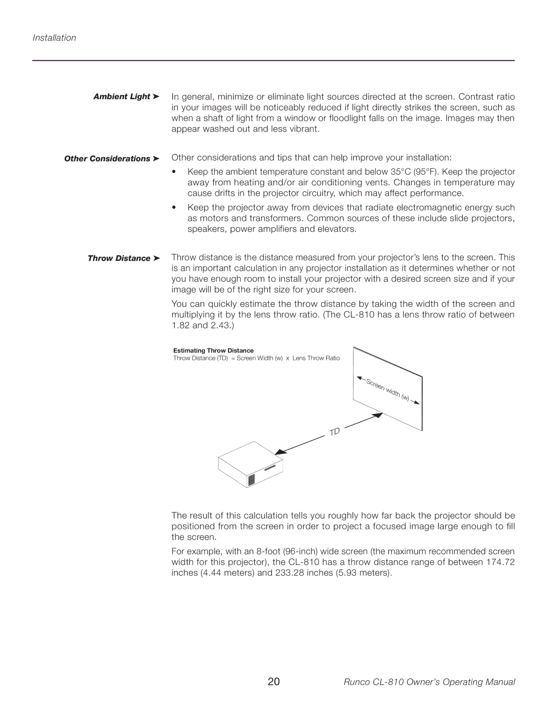 Runco CL-810 manual Other Considerations Throw Distance 