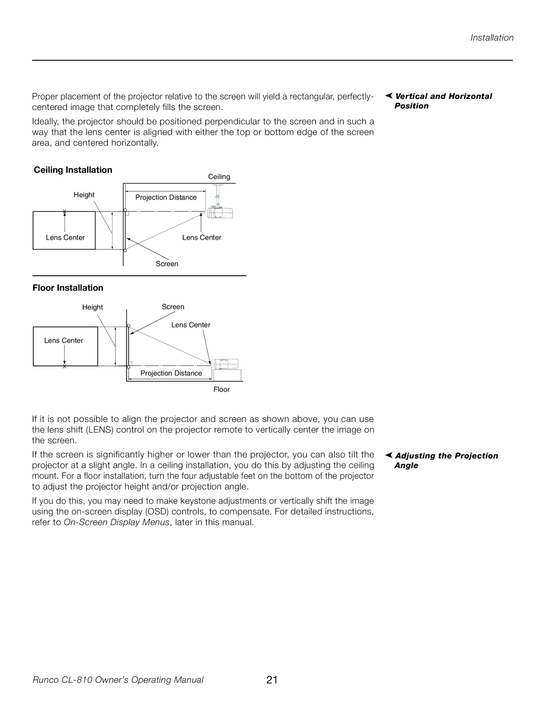 Runco CL-810 manual Ceiling Installation, Floor Installation 