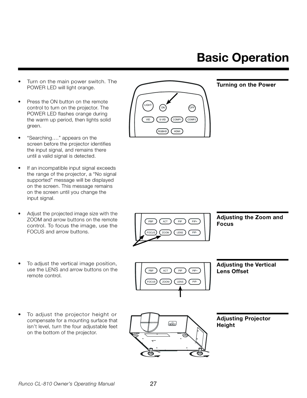 Runco CL-810 manual Basic Operation, Turning on the Power 