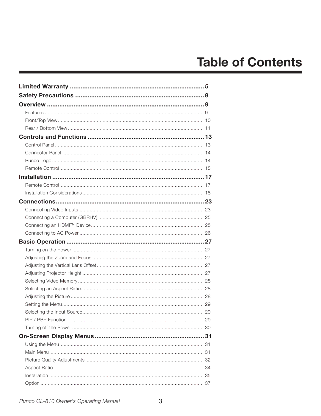 Runco CL-810 manual Table of Contents 