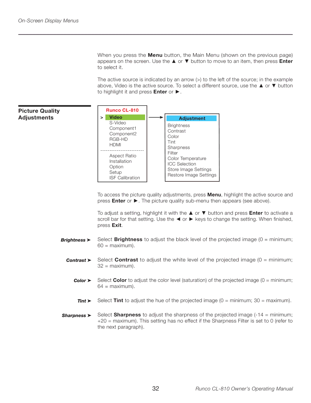 Runco CL-810 manual Picture Quality Adjustments, On-Screen Display Menus 