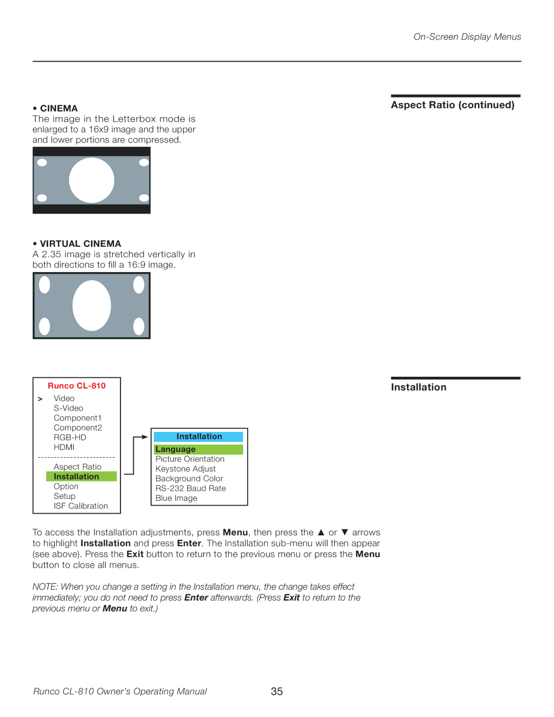 Runco CL-810 manual Virtual Cinema 