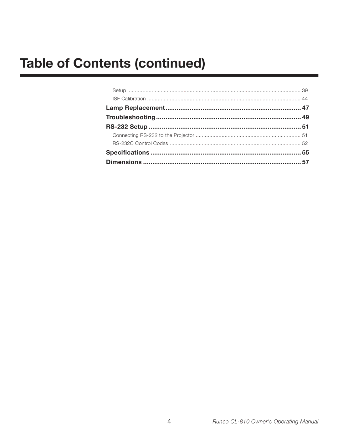 Runco CL-810 manual Table of Contents 