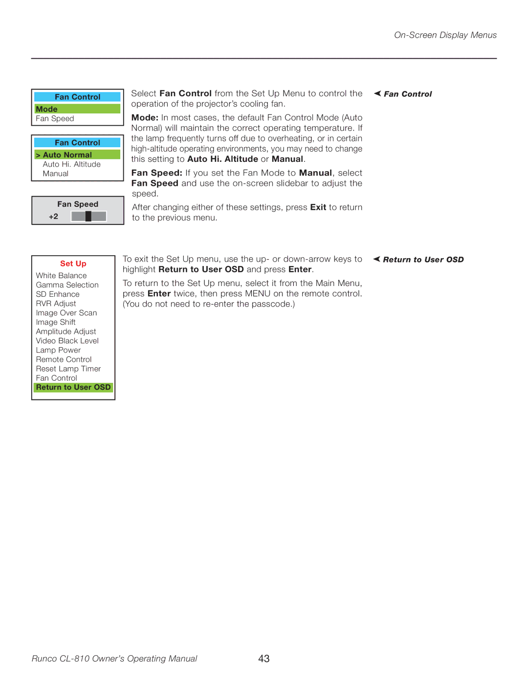 Runco CL-810 manual Return to User OSD 