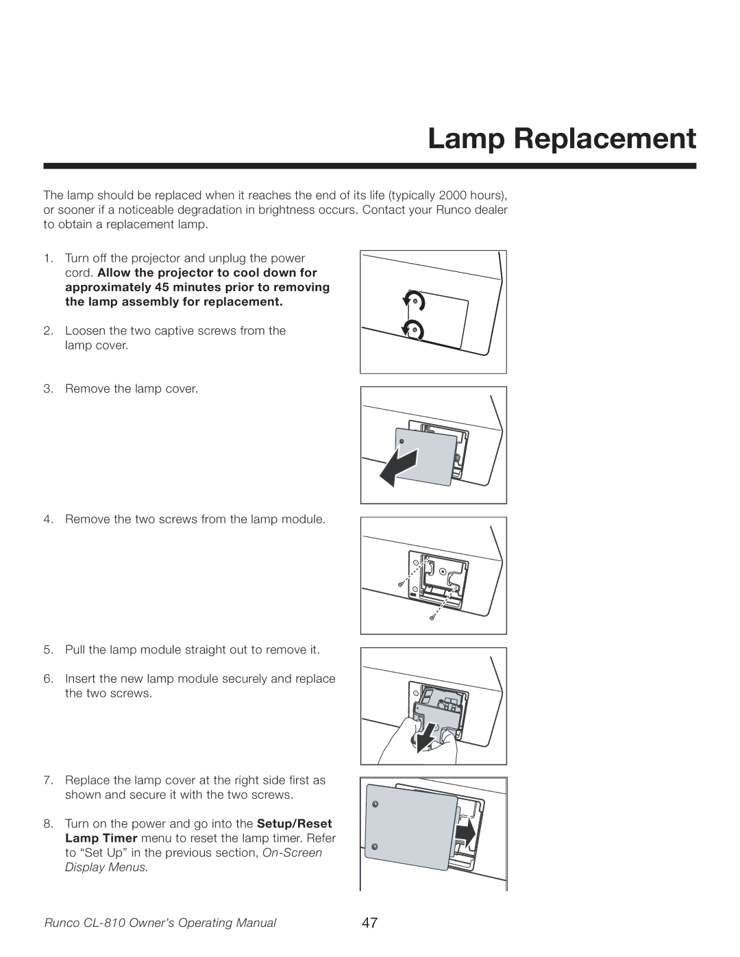 Runco CL-810 manual Lamp Replacement, Lamp assembly for replacement 