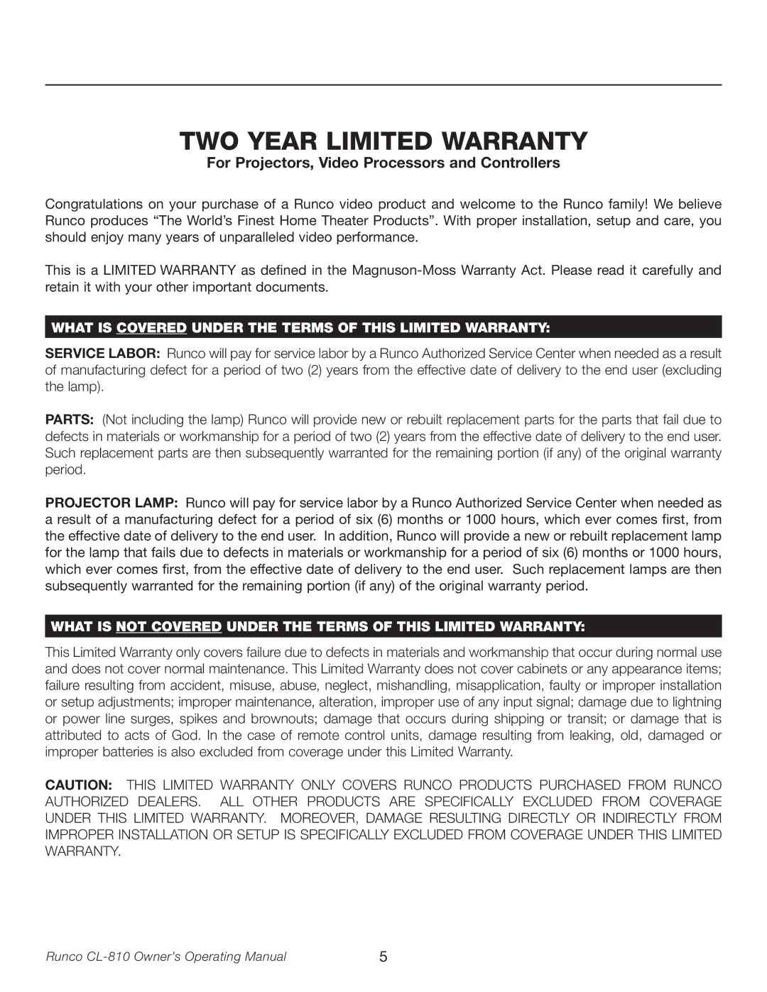 Runco CL-810 manual TWO Year Limited Warranty 