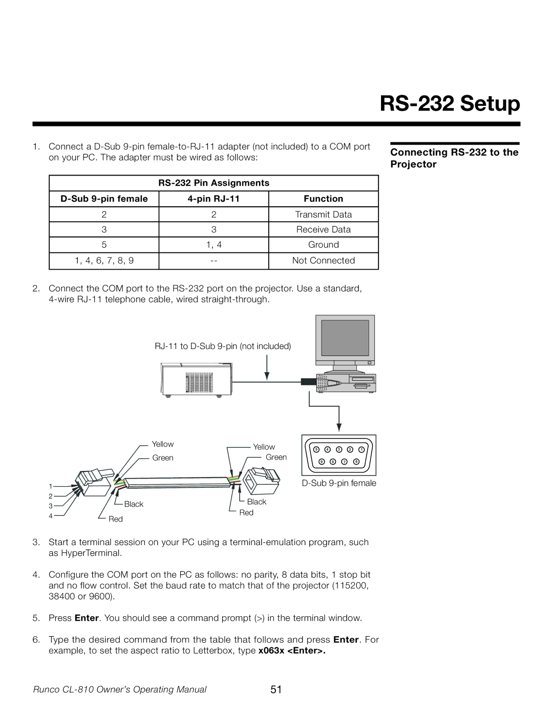 Runco CL-810 RS-232 Setup, Connecting RS-232 to the Projector, RS-232 Pin Assignments Sub 9-pin female Pin RJ-11 Function 