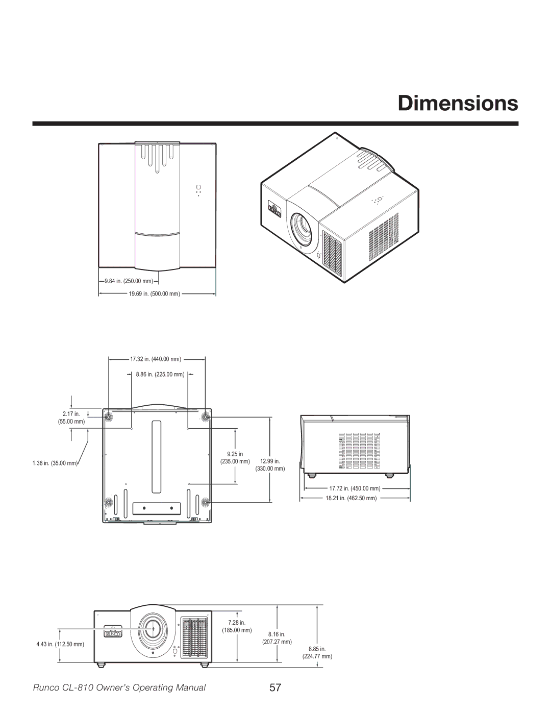 Runco CL-810 manual Dimensions 