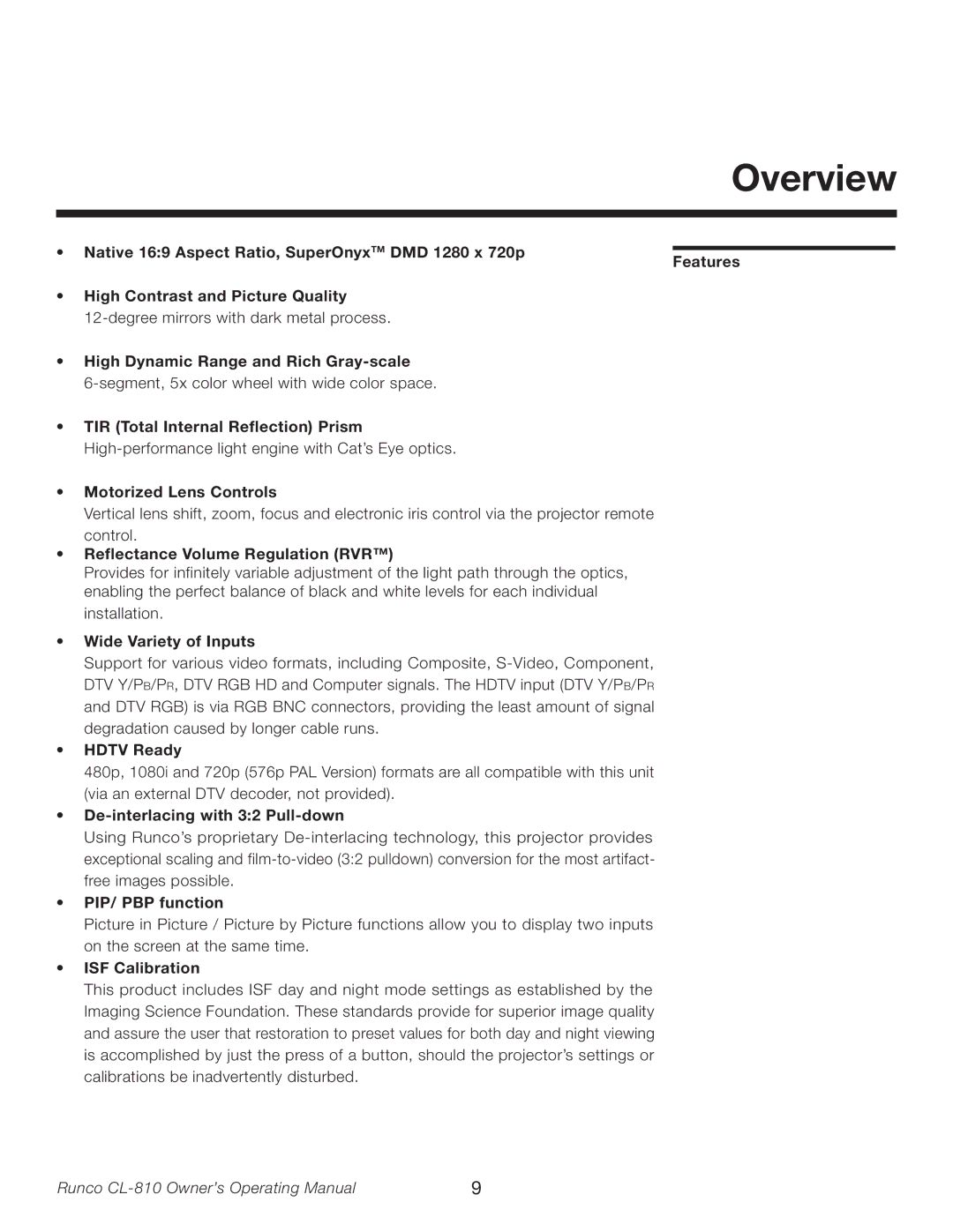 Runco CL-810 manual Overview 