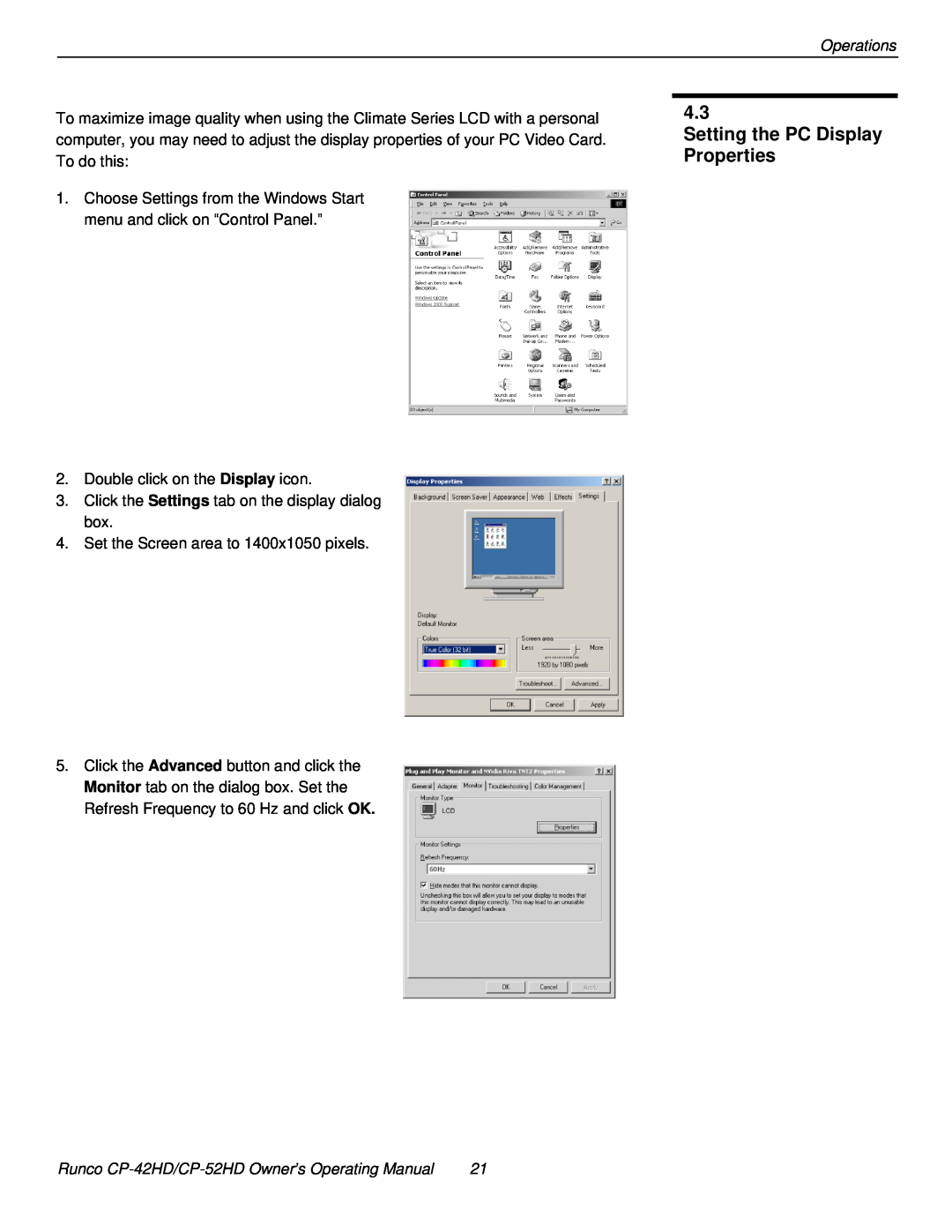 Runco CP-52HD, CP-42HD manual Setting the PC Display Properties 