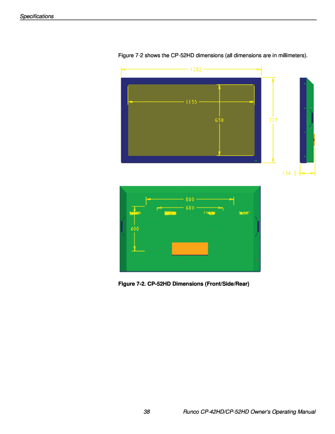 Runco CP-42HD manual 2. CP-52HD Dimensions Front/Side/Rear 