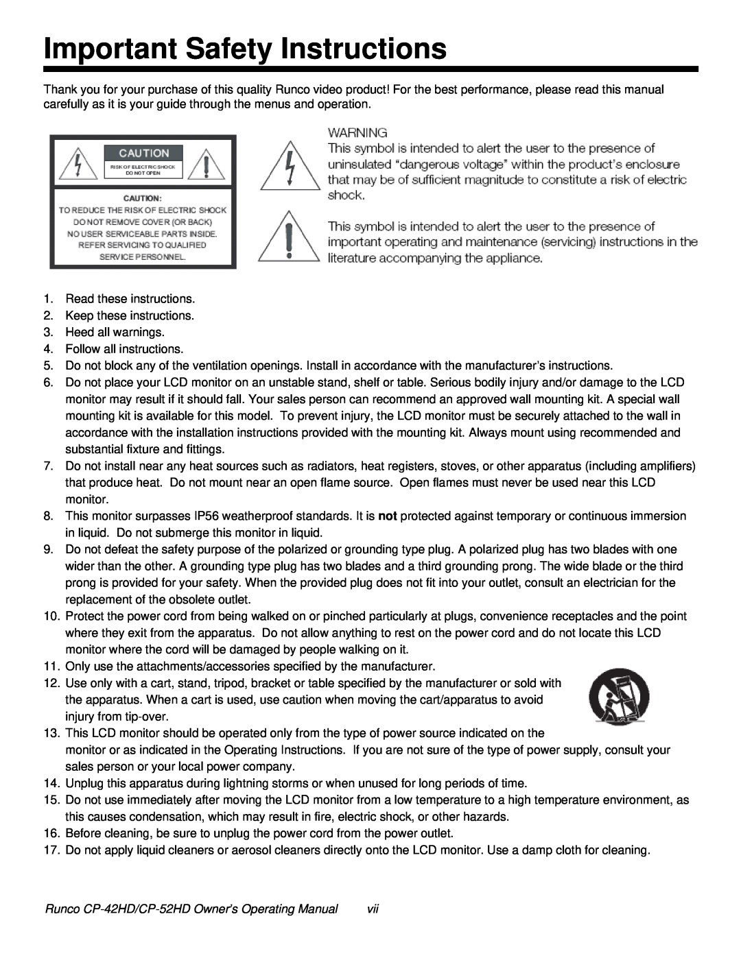 Runco CP-52HD, CP-42HD manual Important Safety Instructions 