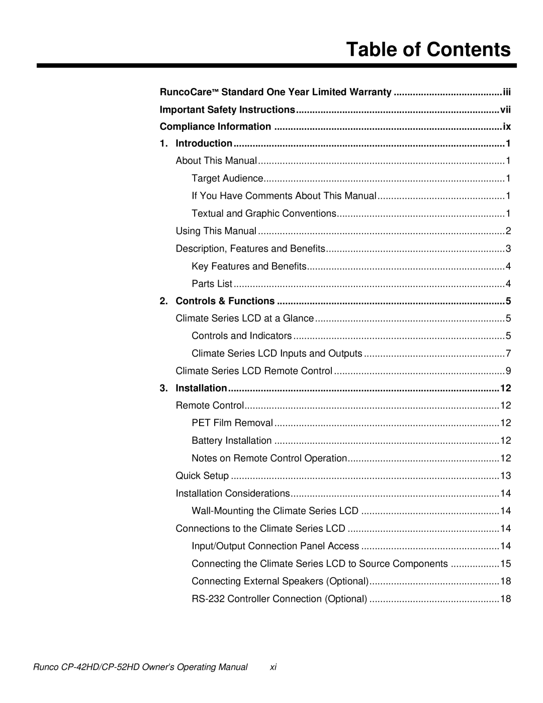 Runco CP-52HD, CP-42HD manual Table of Contents 