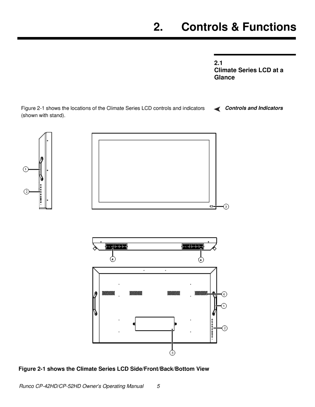 Runco CP-52HD, CP-42HD manual Controls & Functions, Climate Series LCD at a Glance, Controls and Indicators 