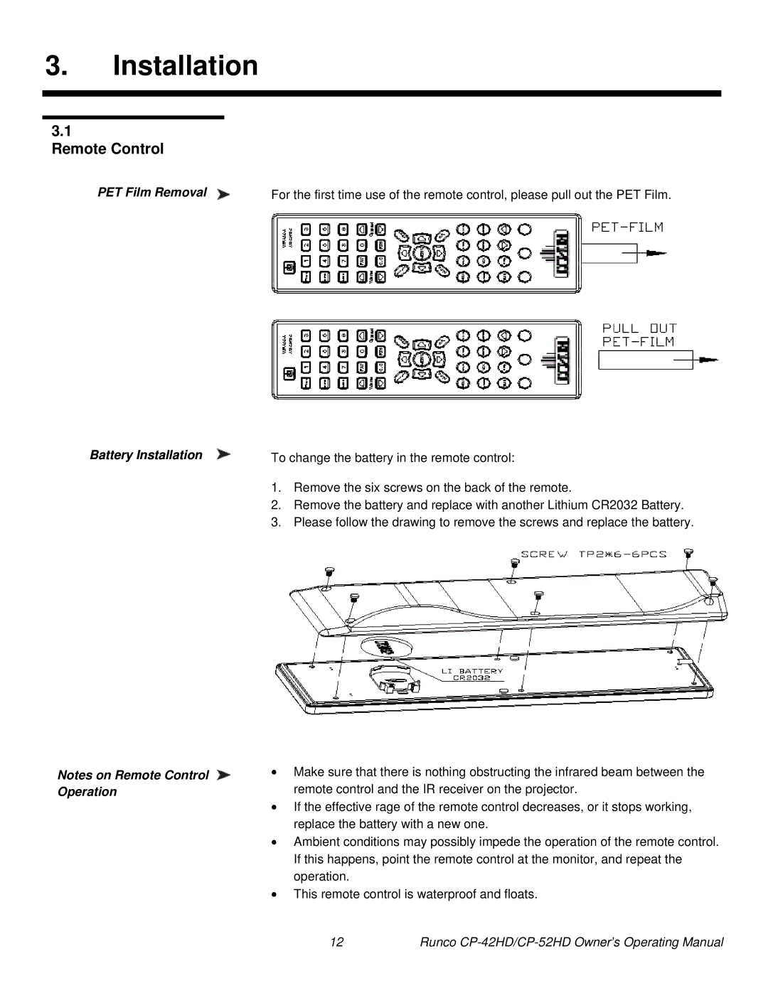 Runco CP-42HD, CP-52HD manual PET Film Removal Battery Installation 