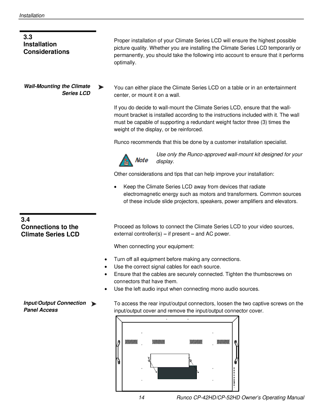 Runco CP-42HD Installation Considerations, Connections to the Climate Series LCD, Wall-Mounting the Climate Series LCD 