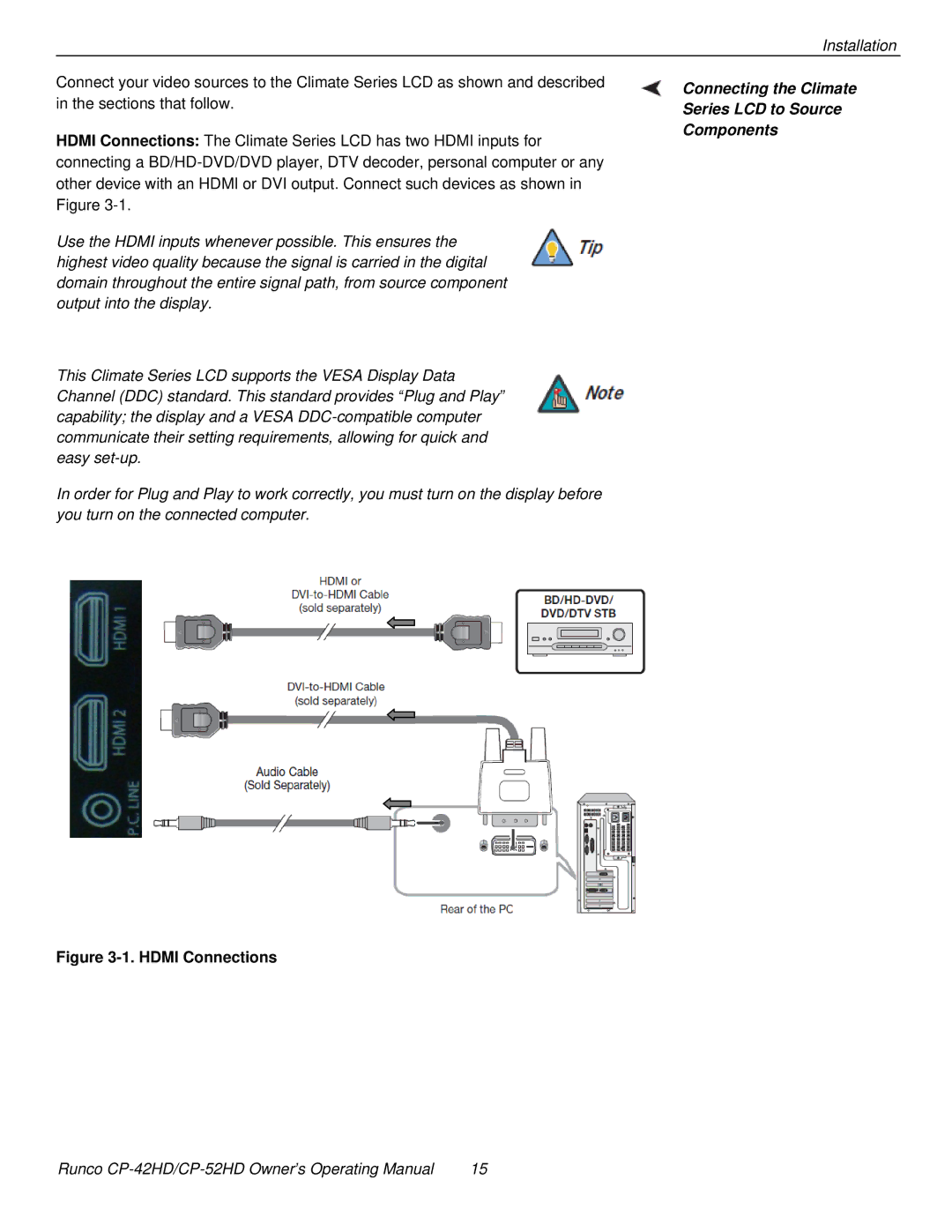 Runco CP-52HD, CP-42HD manual Hdmi Connections, Connecting the Climate Series LCD to Source Components 