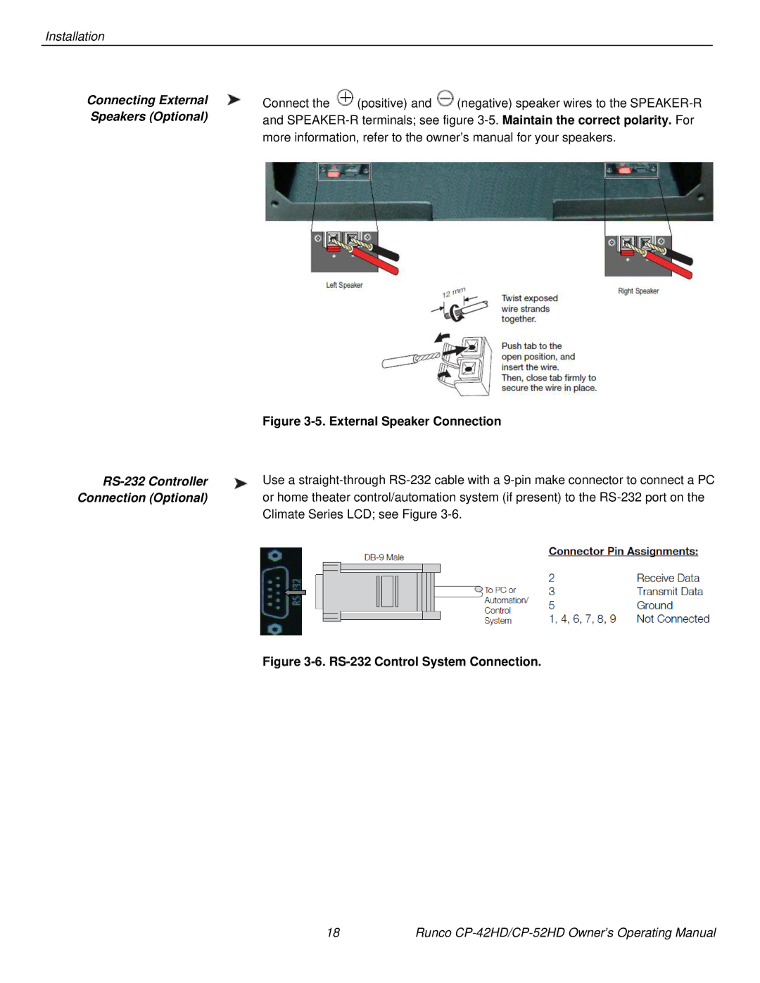 Runco CP-42HD, CP-52HD manual Connecting External, Speakers Optional, Maintain the correct polarity. For, RS-232 Controller 