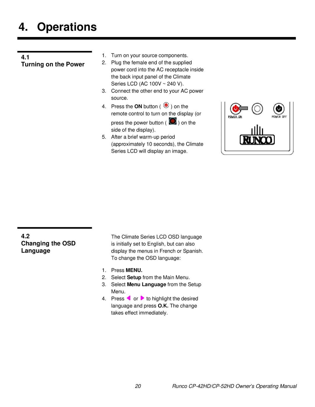 Runco CP-42HD, CP-52HD manual Operations, Turning on the Power, Changing the OSD, Language 