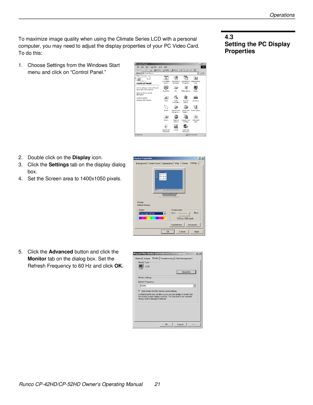 Runco CP-52HD, CP-42HD manual Setting the PC Display Properties, Operations 