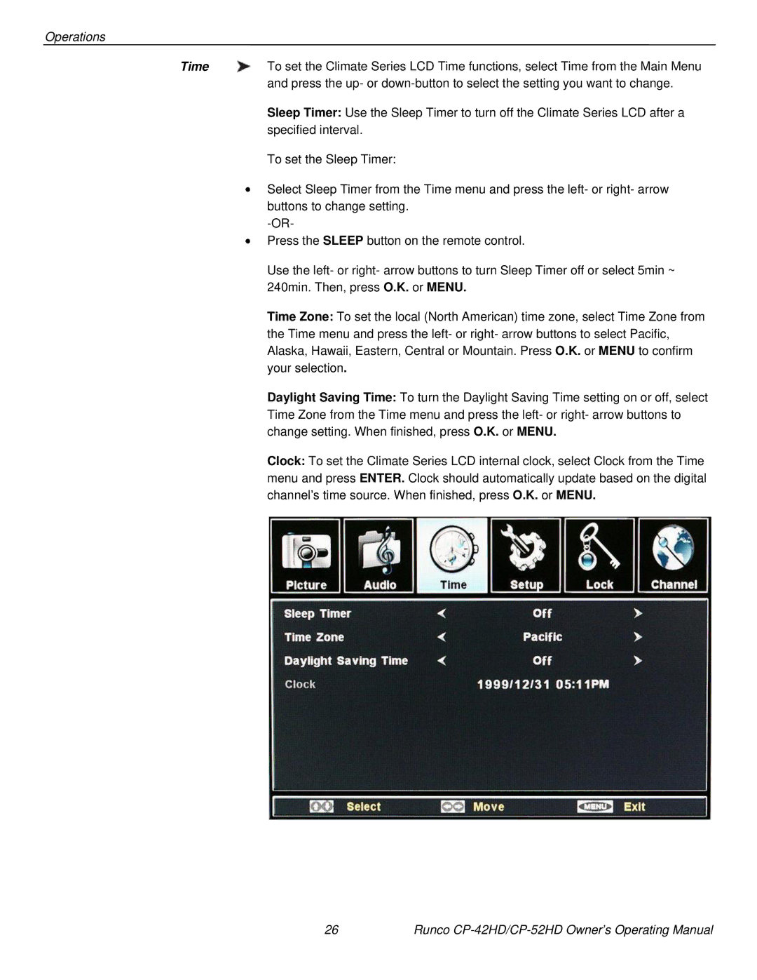 Runco CP-42HD, CP-52HD manual Time 