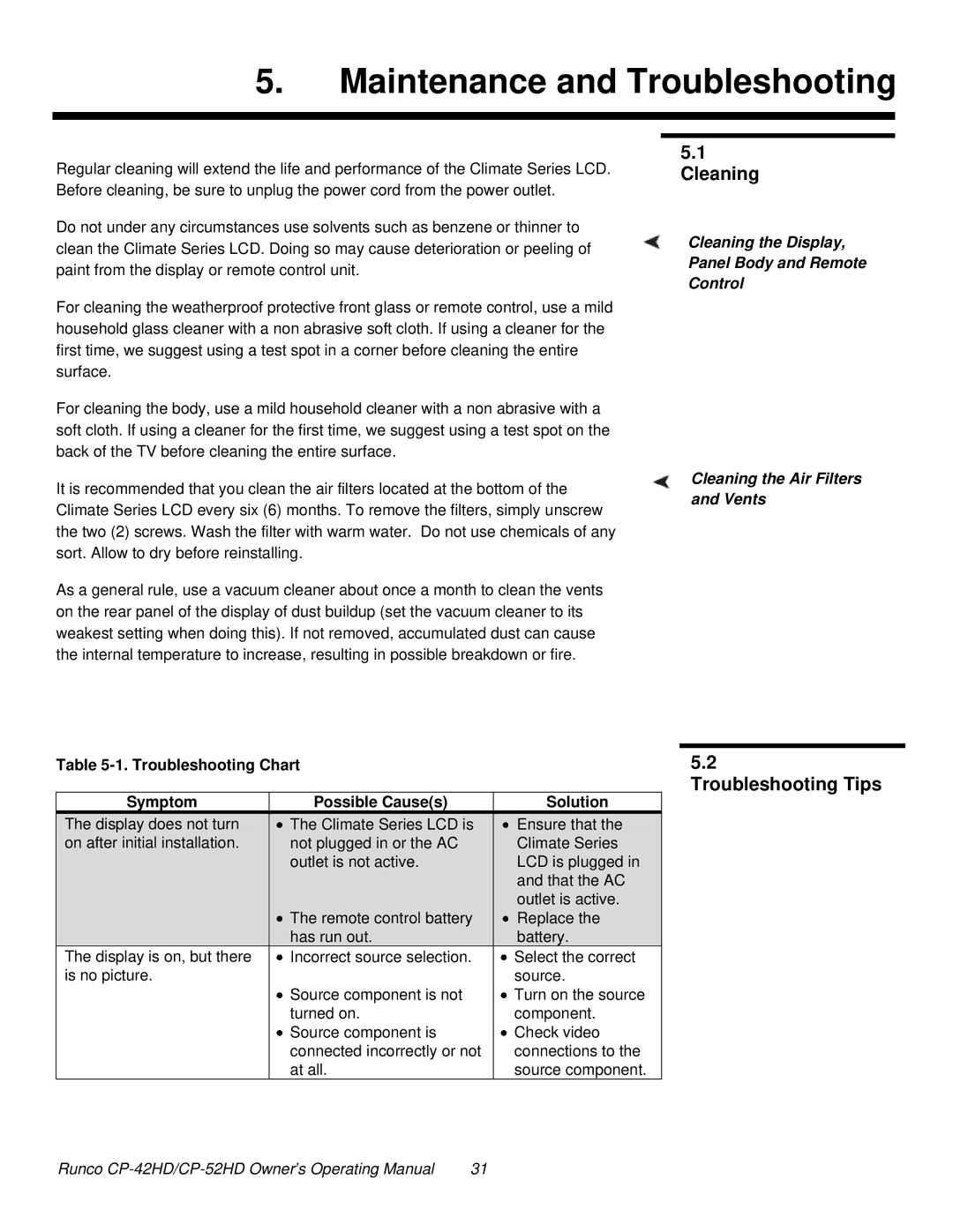 Runco CP-52HD, CP-42HD manual Maintenance and Troubleshooting, Cleaning, Troubleshooting Tips, Troubleshooting Chart 