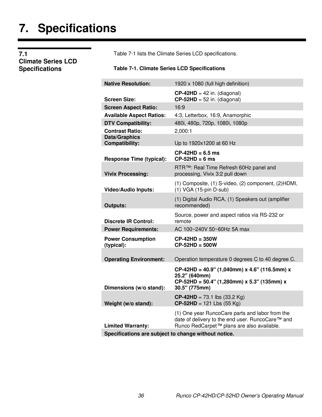 Runco CP-42HD, CP-52HD manual Climate Series LCD Specifications, Lists the Climate Series LCD specifications 