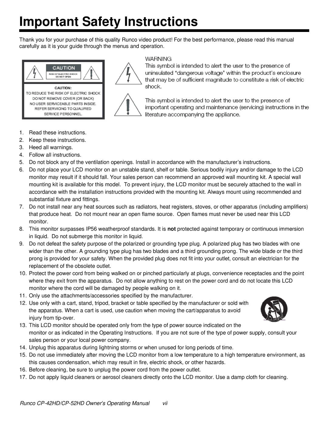 Runco CP-52HD, CP-42HD manual Important Safety Instructions 