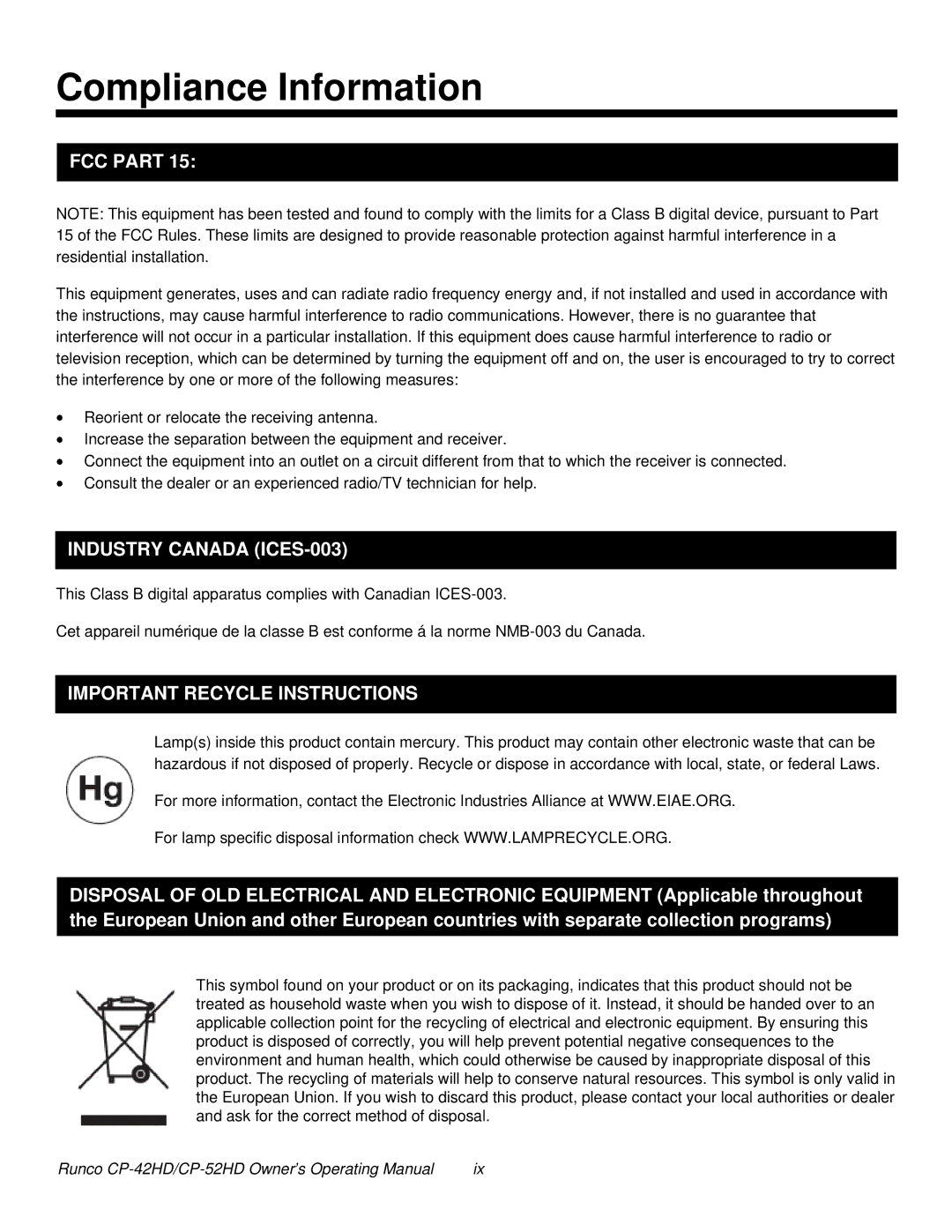 Runco CP-52HD, CP-42HD manual Compliance Information 