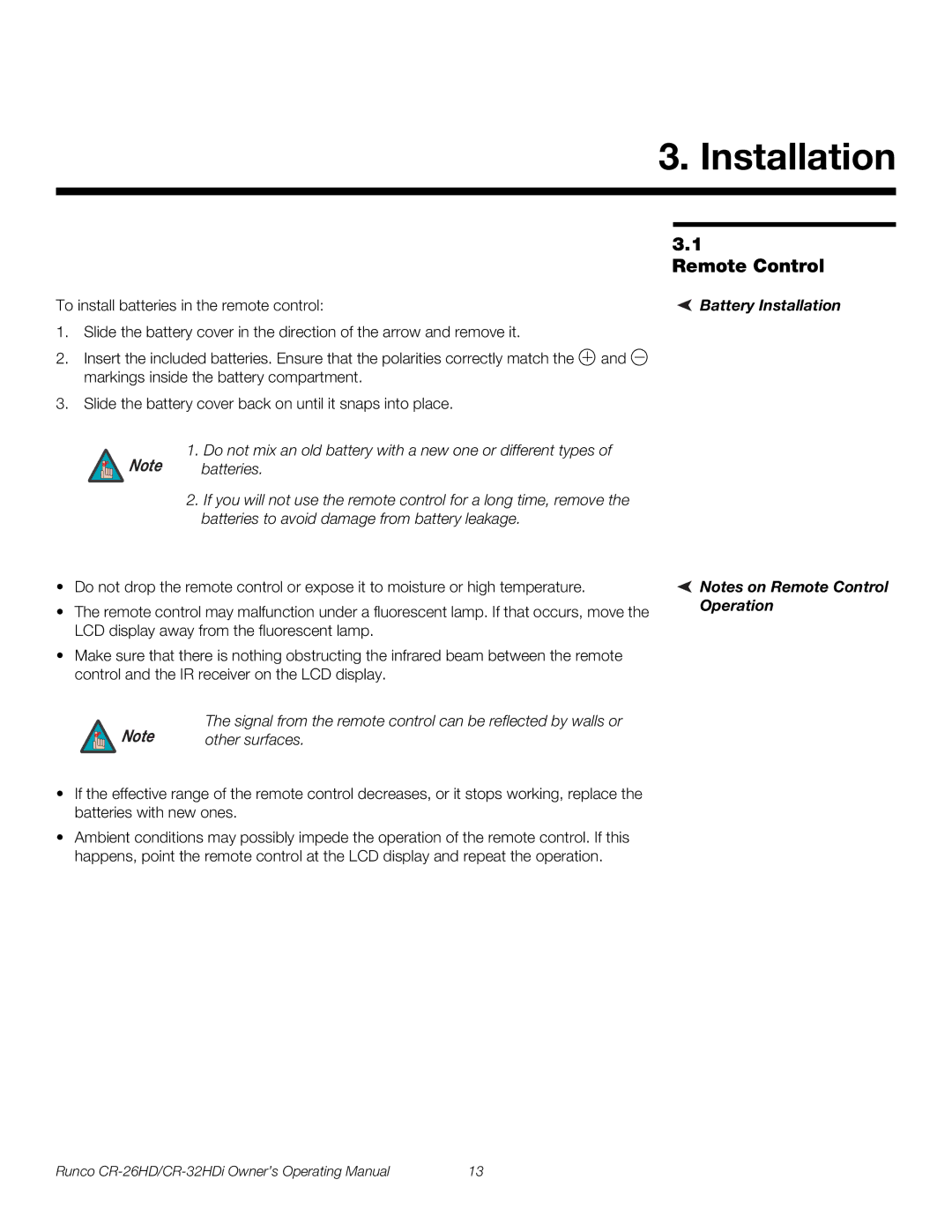 Runco CR-26HD, CR-32HDi manual Remote Control, Battery Installation 