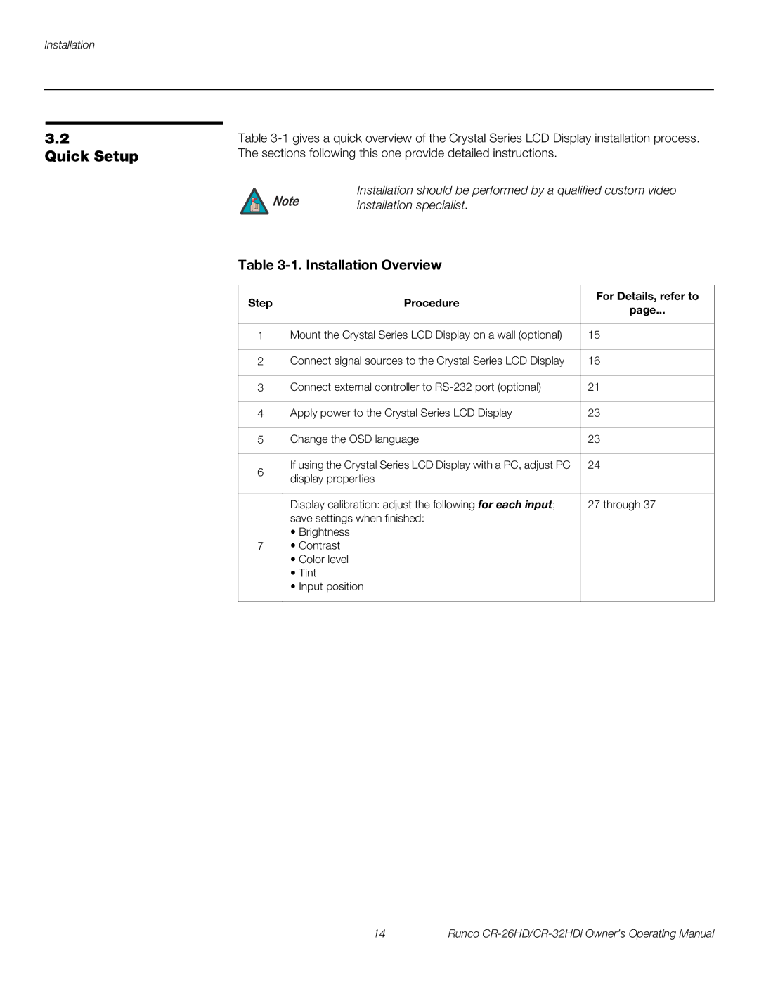 Runco CR-26HD, CR-32HDi manual Quick Setup, Installation Overview, Step Procedure For Details, refer to 