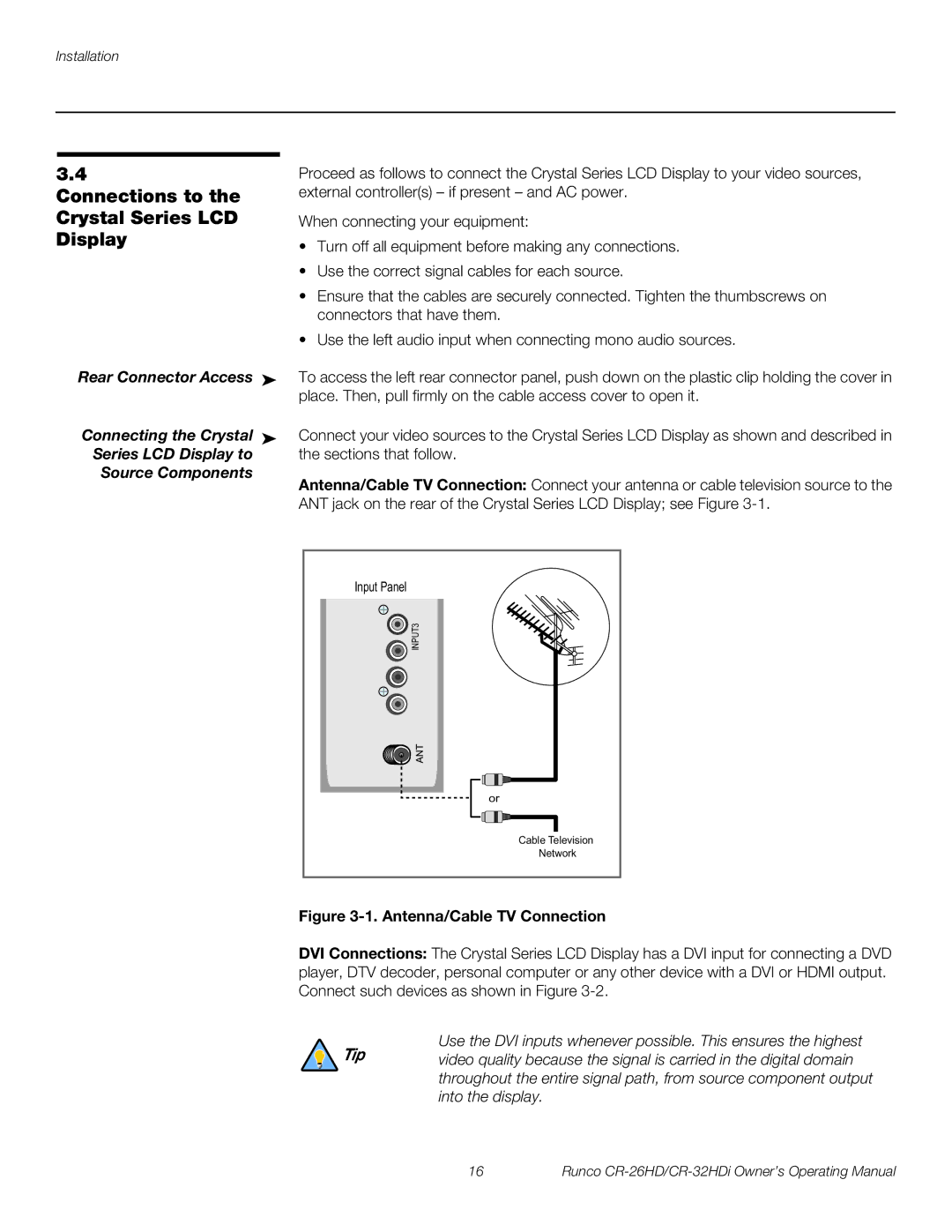 Runco CR-26HD, CR-32HDi manual Connections to the Crystal Series LCD Display, Antenna/Cable TV Connection 