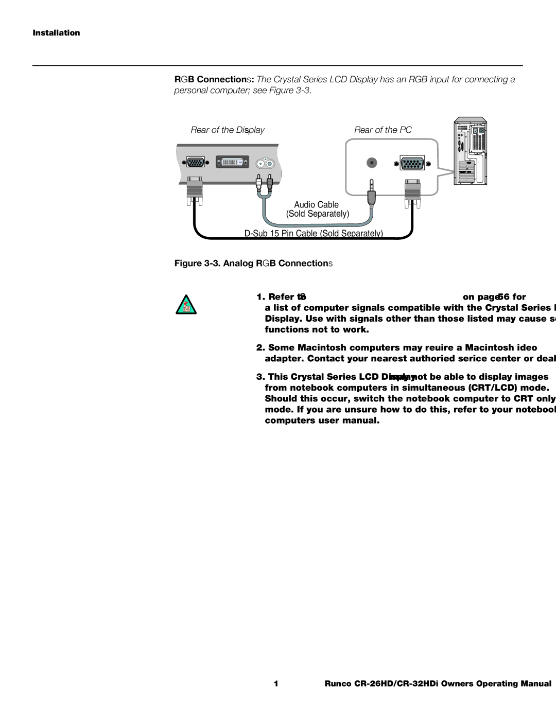 Runco CR-26HD, CR-32HDi manual Analog RGB Connections, Refer to Computer/Video Signal Compatibility on page 56 for 