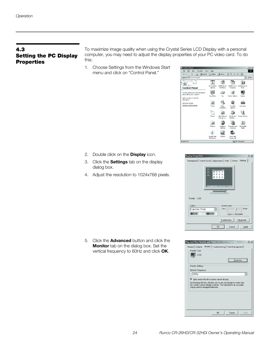 Runco CR-26HD, CR-32HDi manual Setting the PC Display Properties 