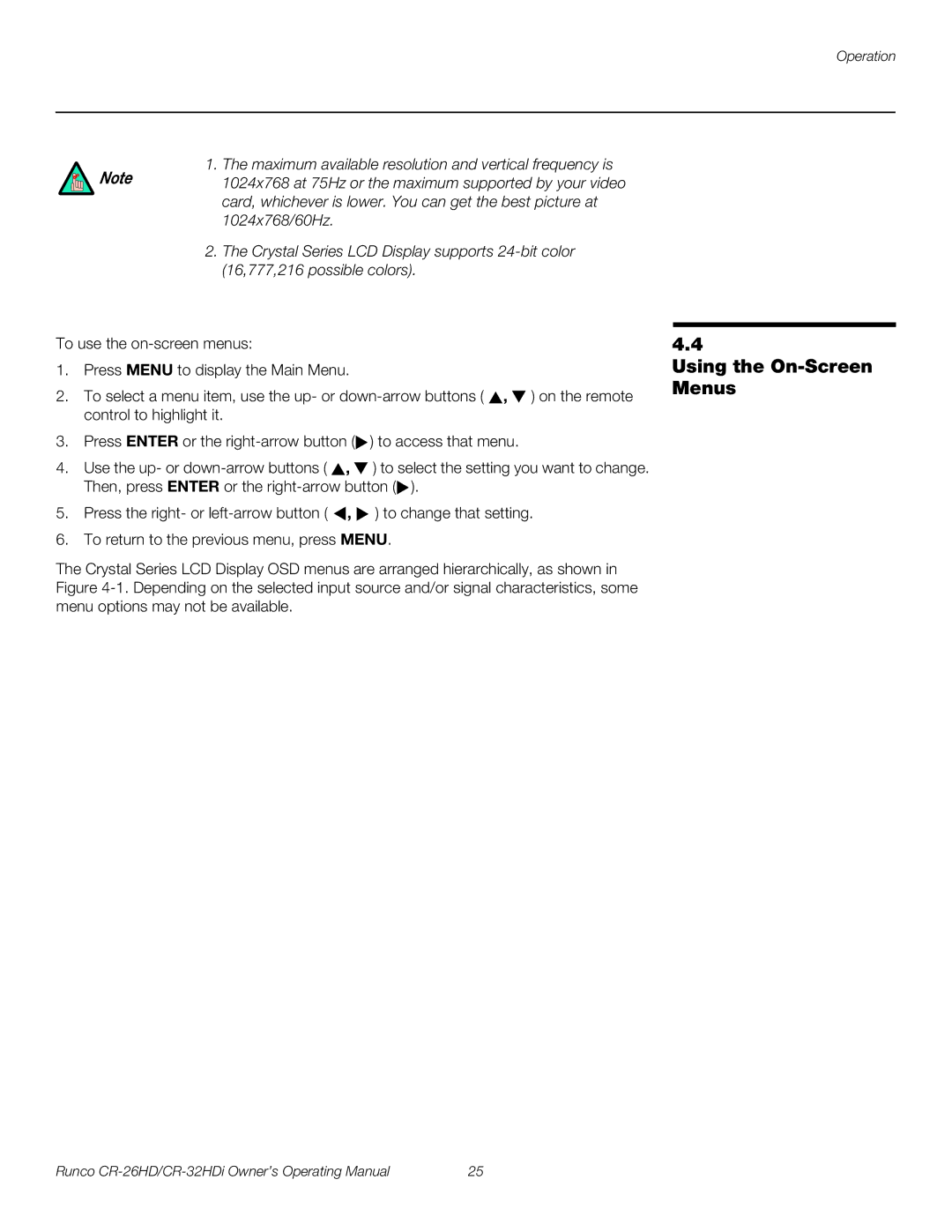 Runco CR-26HD, CR-32HDi manual Using the On-Screen Menus 