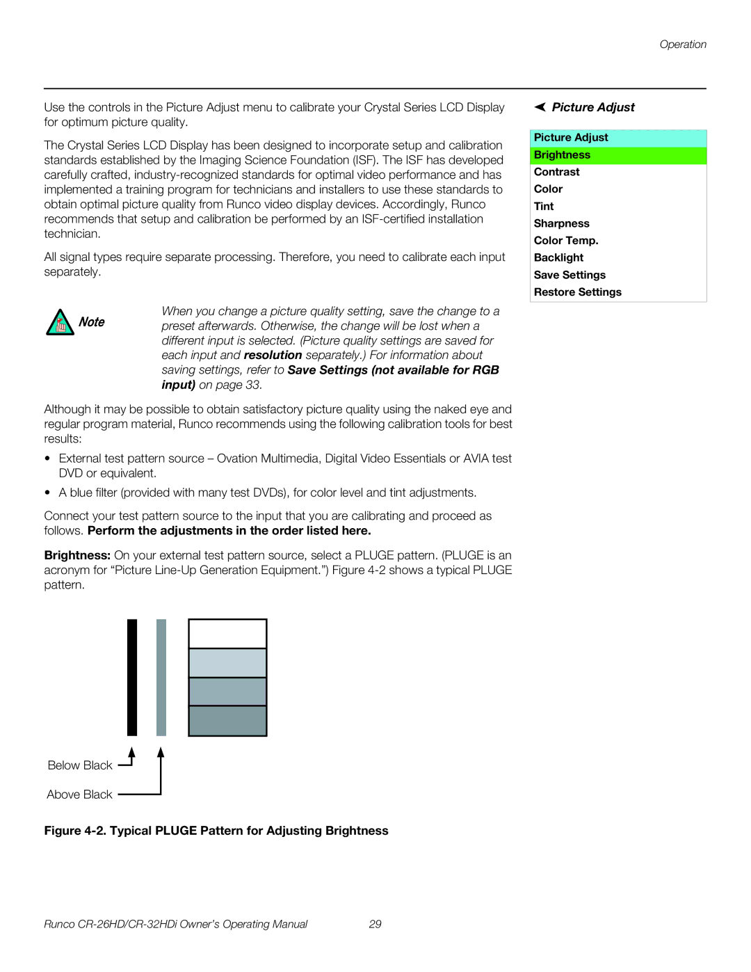 Runco CR-26HD, CR-32HDi manual Typical Pluge Pattern for Adjusting Brightness, Picture Adjust 