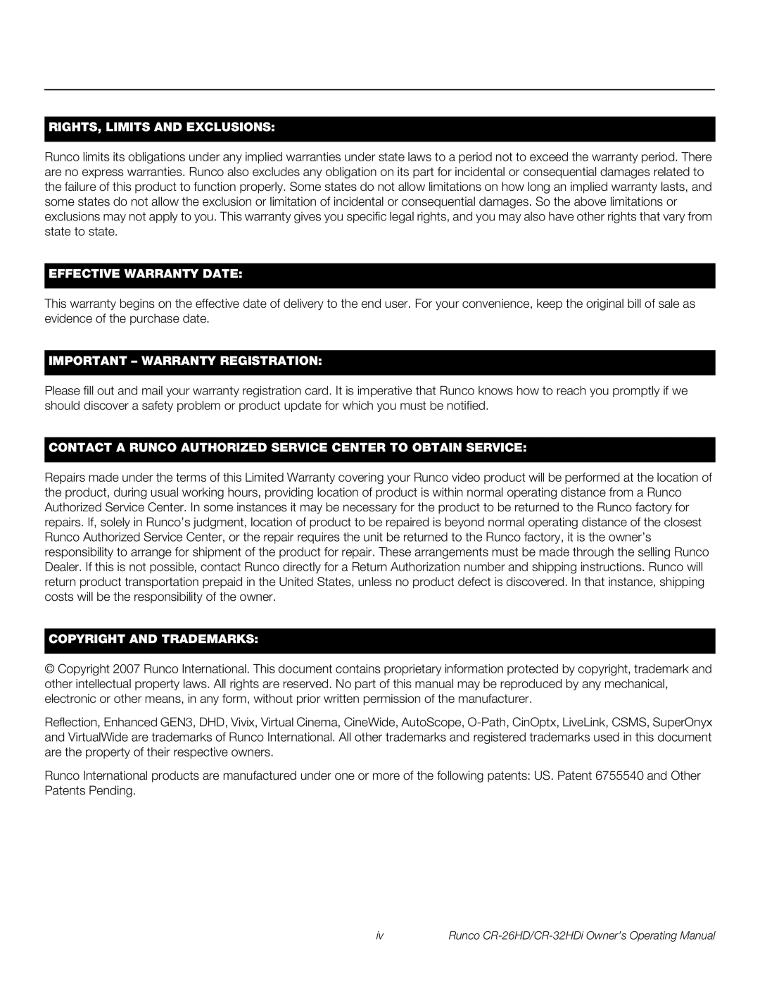 Runco CR-26HD, CR-32HDi manual RIGHTS, Limits and Exclusions 