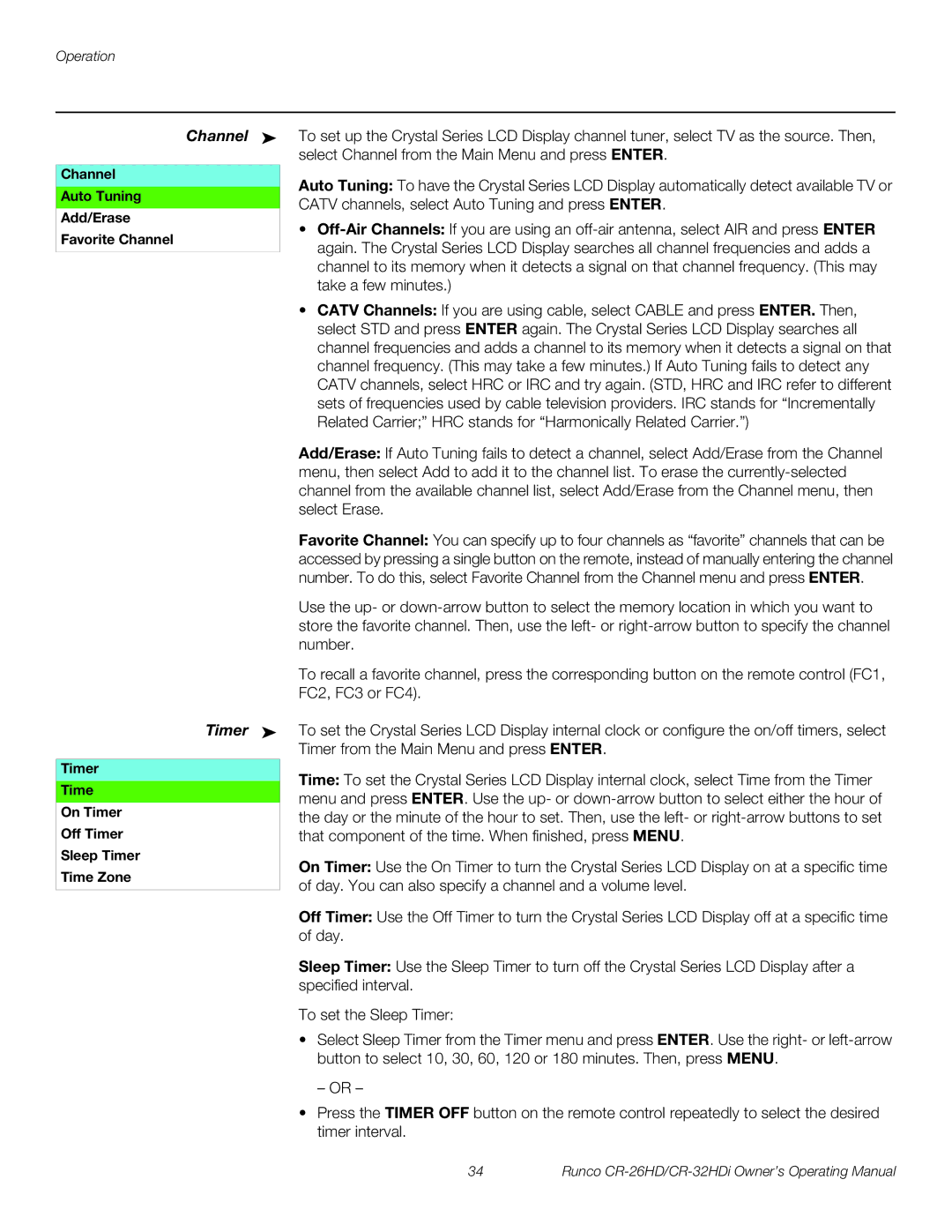Runco CR-26HD, CR-32HDi manual Timer, Channel Auto Tuning Add/Erase Favorite Channel 