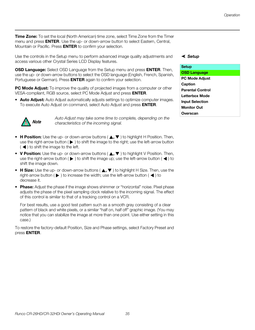 Runco CR-26HD, CR-32HDi manual Characteristics of the incoming signal, Setup 