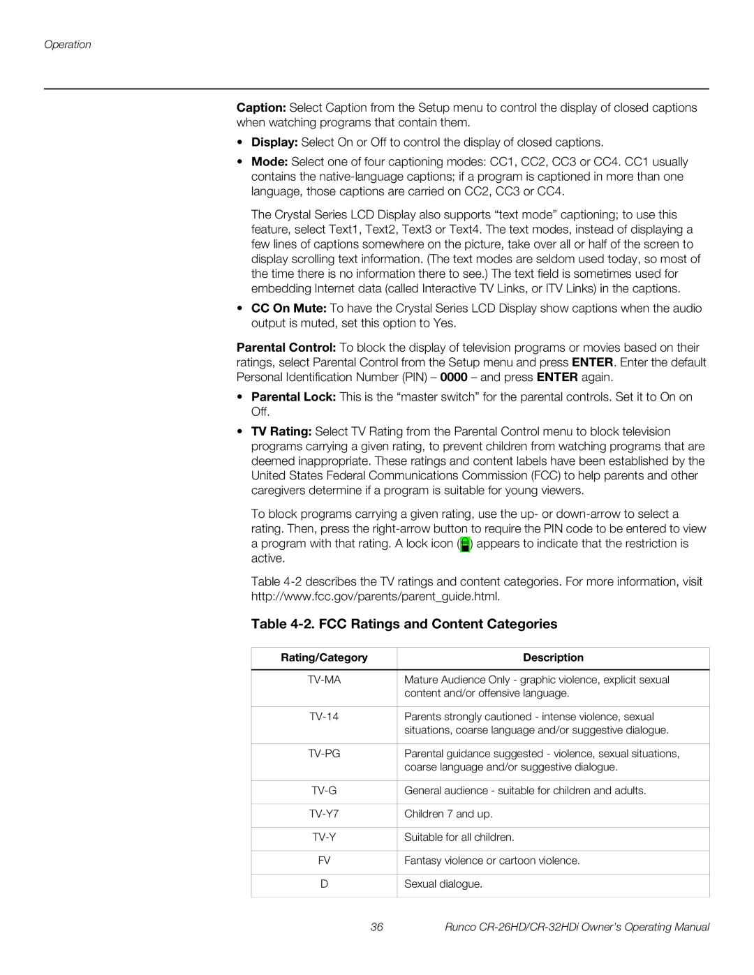 Runco CR-26HD, CR-32HDi manual FCC Ratings and Content Categories, Rating/Category Description 