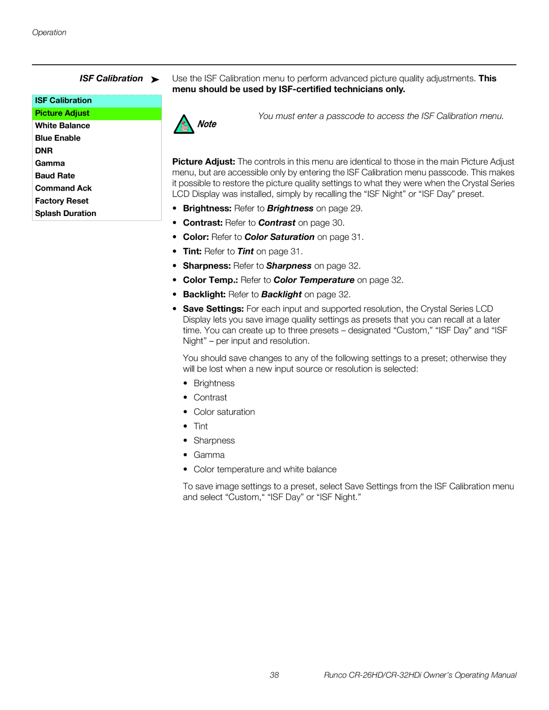 Runco CR-26HD, CR-32HDi manual ISF Calibration, Menu should be used by ISF-certified technicians only 