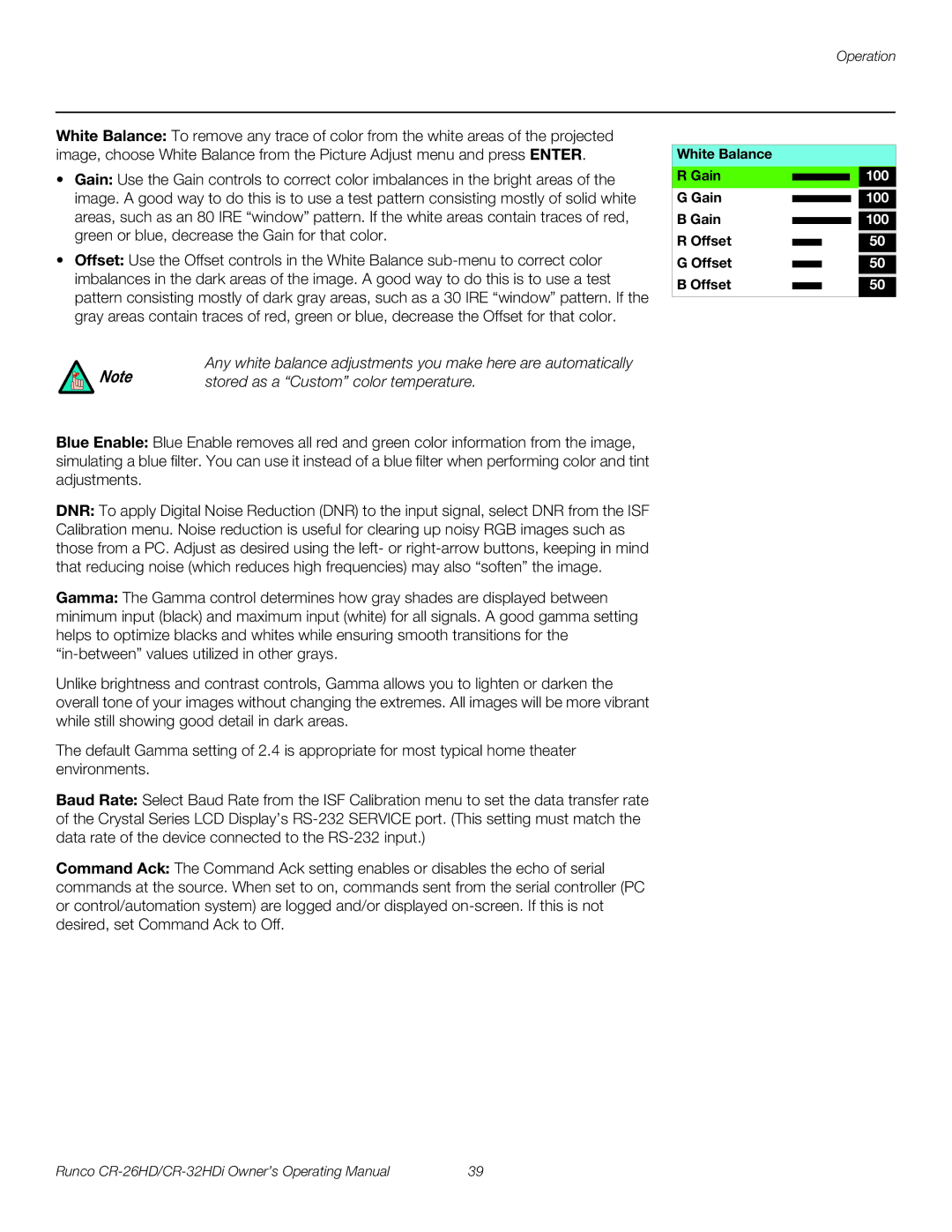 Runco CR-26HD, CR-32HDi manual White Balance Gain, Offset 